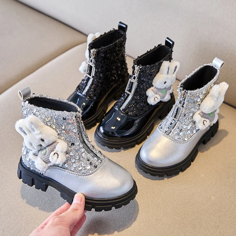 

Модные ботинки для девочек, новые зимние детские ботинки принцессы с блестками, короткие ботинки для девочек в британском стиле, повседневные женские осенние ботинки в корейском стиле