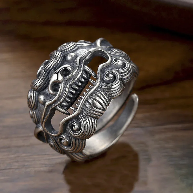 

Мужские кольца в винтажном национальном стиле из тайского серебра 925 пробы с головой льва Танг в Божьем звере, широкое кольцо властителя, Ретро ювелирные изделия