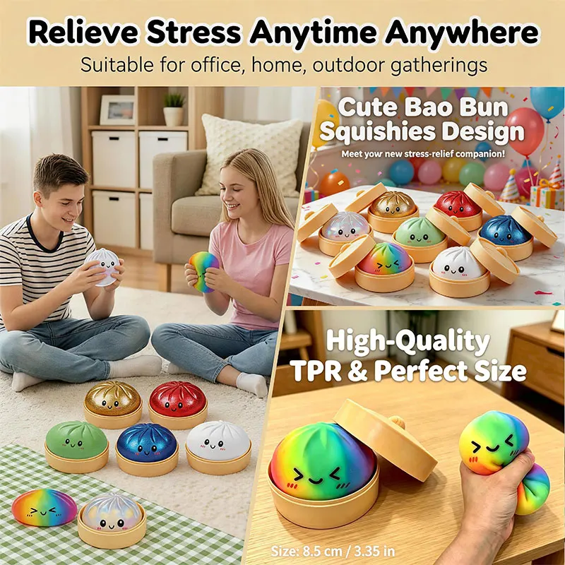 Bao Bun Squishy Toy with Bamboo Steamer Soft Slow Rebound Stress Relief Squeeze Toy Rainbow Dumpling Squishies Office Desk Gifts