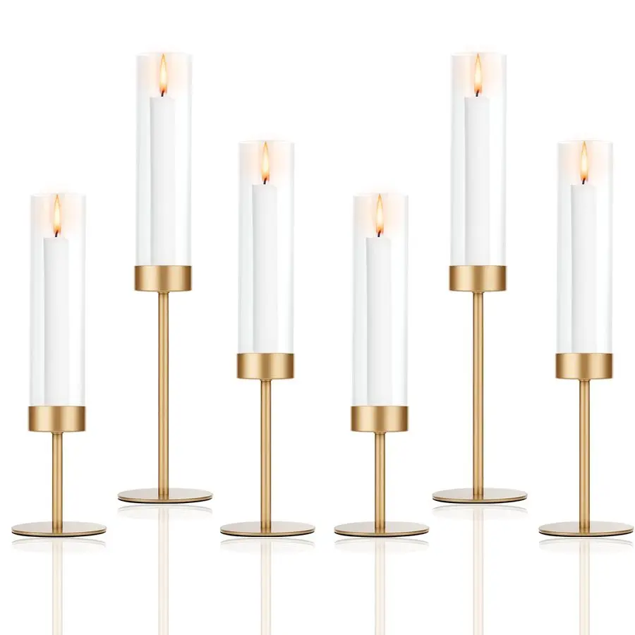 

Set of 6 Gold Candle Holders, Tall Hurricane Candlestick Holders with Glass for Taper and Pillar Candles, Home Decor for Wedding