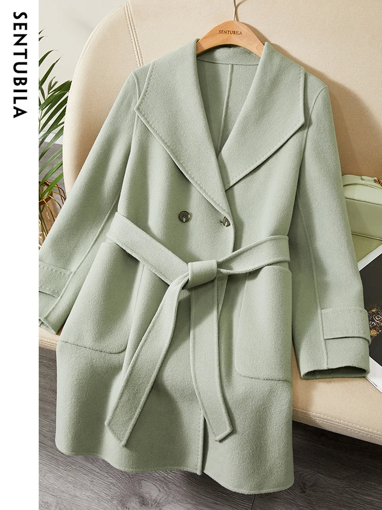 SENTUBILA 100% Wool Warm Double Sided Woolen Coat Women 2024 Autumn Winter Lapel Woolen Jacket Single Button Overcoats W24O42049