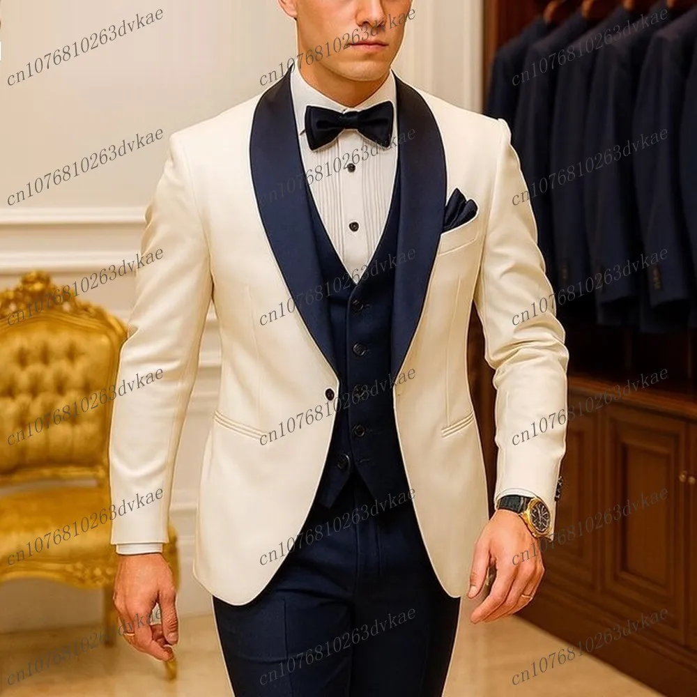 

Белый воротник, темно-синий мужской костюм, свадебная вечеринка, формальный жених, жених, выпускной, деловой мужской смокинг, комплект из 3 предметов, куртка, жилет, брюки