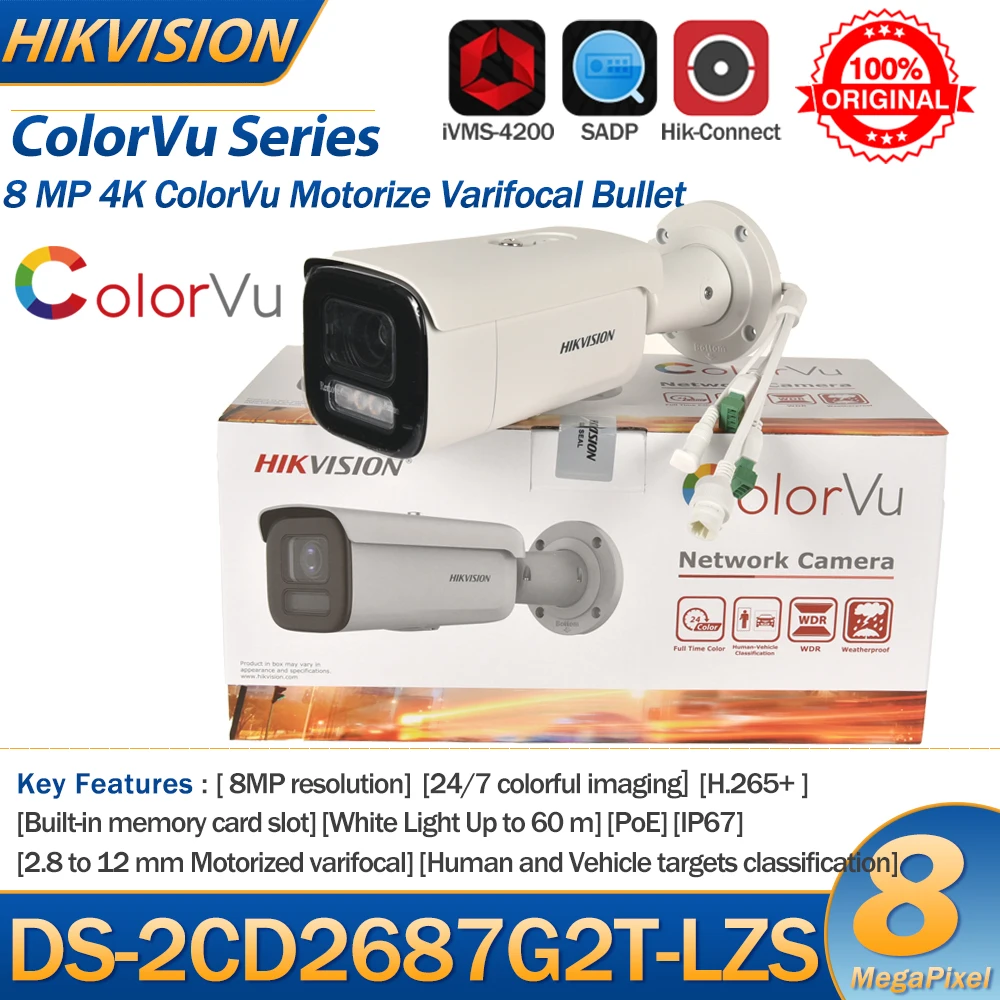 hikvision camera ip 8mp ds2cd2687g2t lzs 4k colorvu motorizar bala varifocal zoom 4x 2812 mm audio e vigilancia por video 01