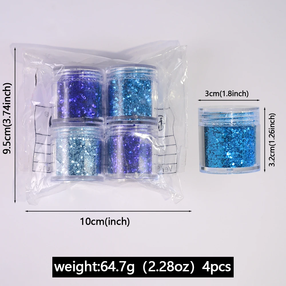 4Pcs 블루 혼합 육각형 네일 아트 반짝이 장식 조각 홀로그램 반짝 이는 크롬 플레이크 조각 DIY 매니큐어 Chunky Pailette 장식