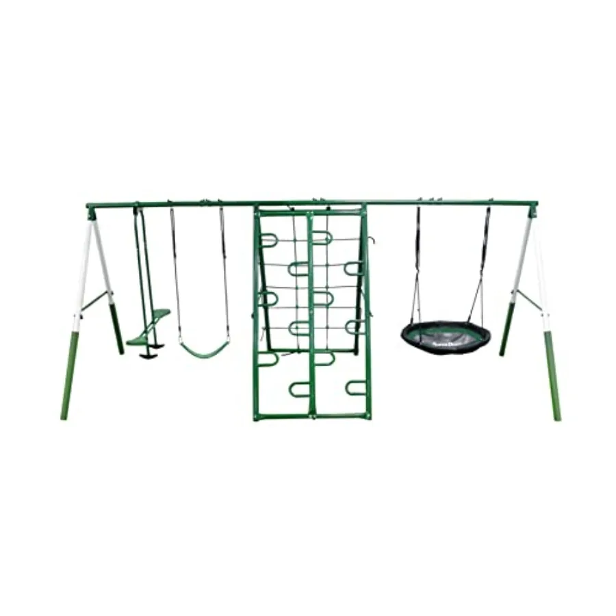 

Swing, Climb and Glide Play Center - 7 User / 5 Station Metal Backyard Playground Set. 176" L x 69" Deep x 73" H