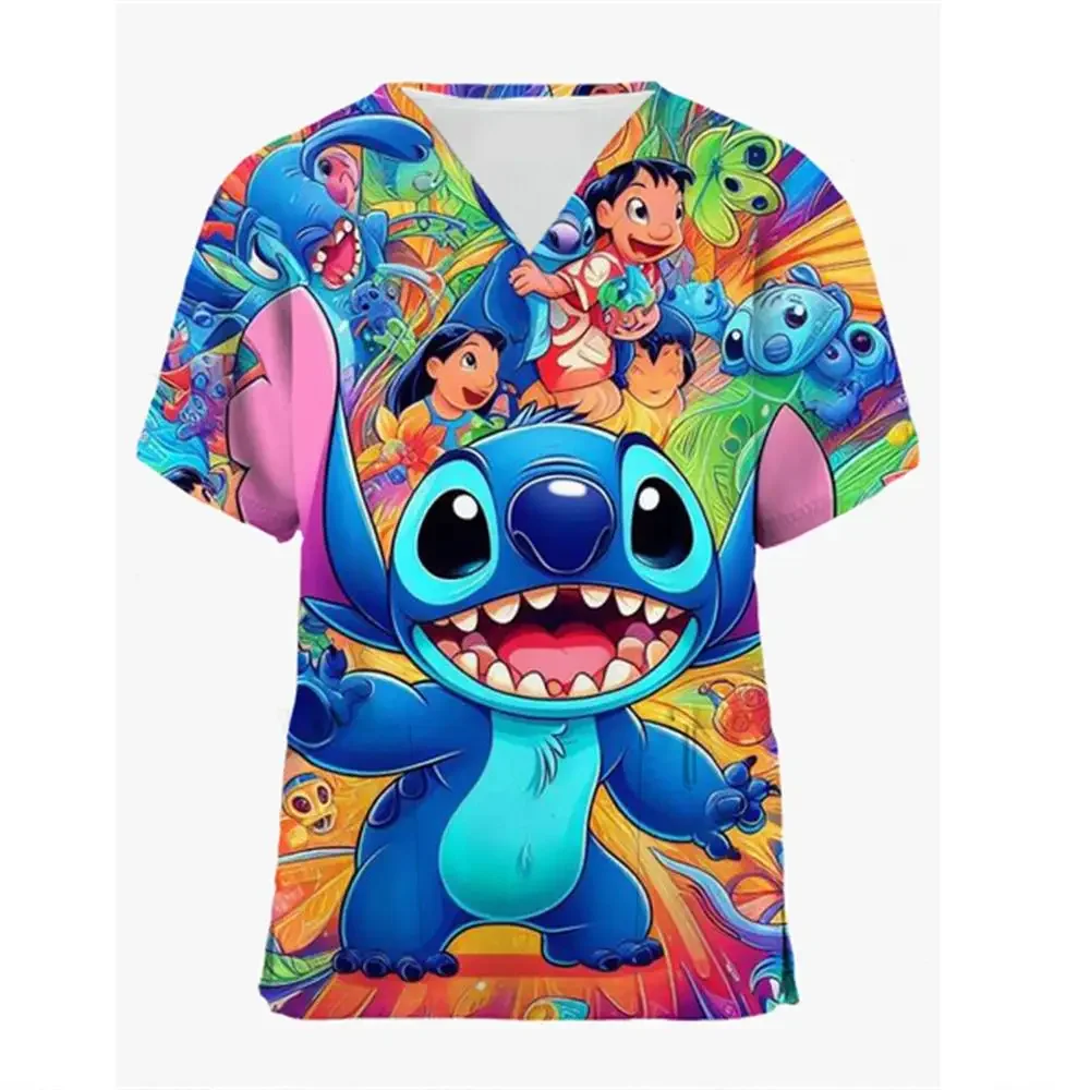 Disney Stitch Print Hospital Nursing Surgery Scrubs Tops Women Short Sleeved Dental Clinic Work Uniforms Blouse Doctor Clothes