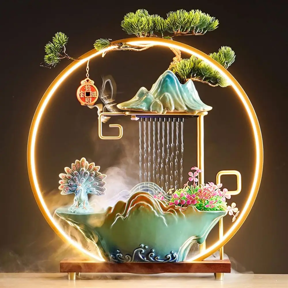 Fuentes de agua de mesa cascada interior luz LED fuente de escritorio niebla de meditación estilo japonés con plantas falsas, Feng Shui