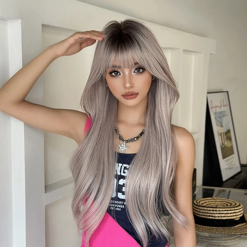 شعر مستعار، شعر نسائي طويل مستقيم، قهوة وردية، صبغ الرأس، غرة، شعر طويل