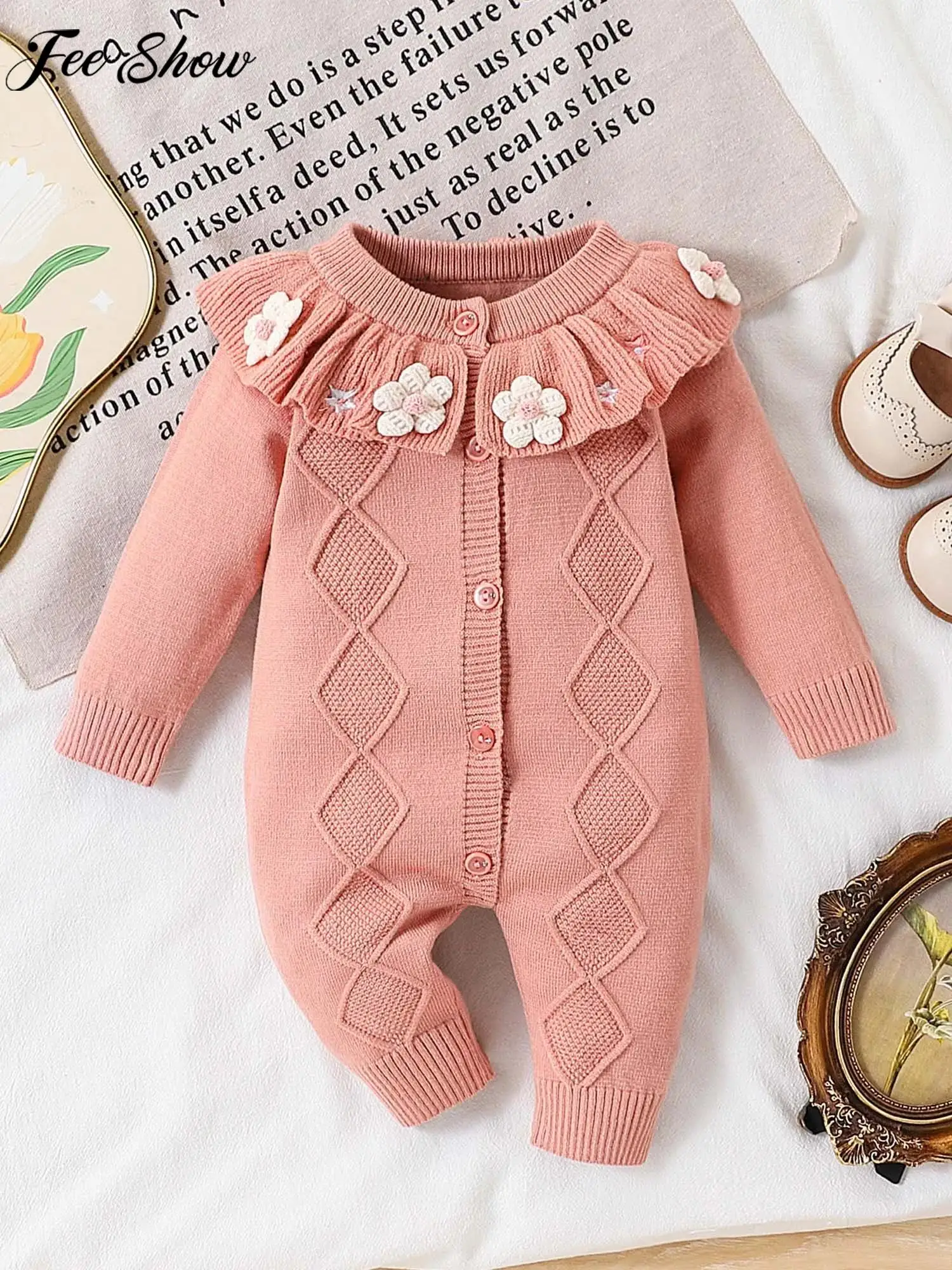 

0-18M Baby Girls Sweet Cute 3D Flower Sweater Romper Long Sleeve Ruffled Collar Autumn Winter Warm Knitted Cardigan Bodysuit
