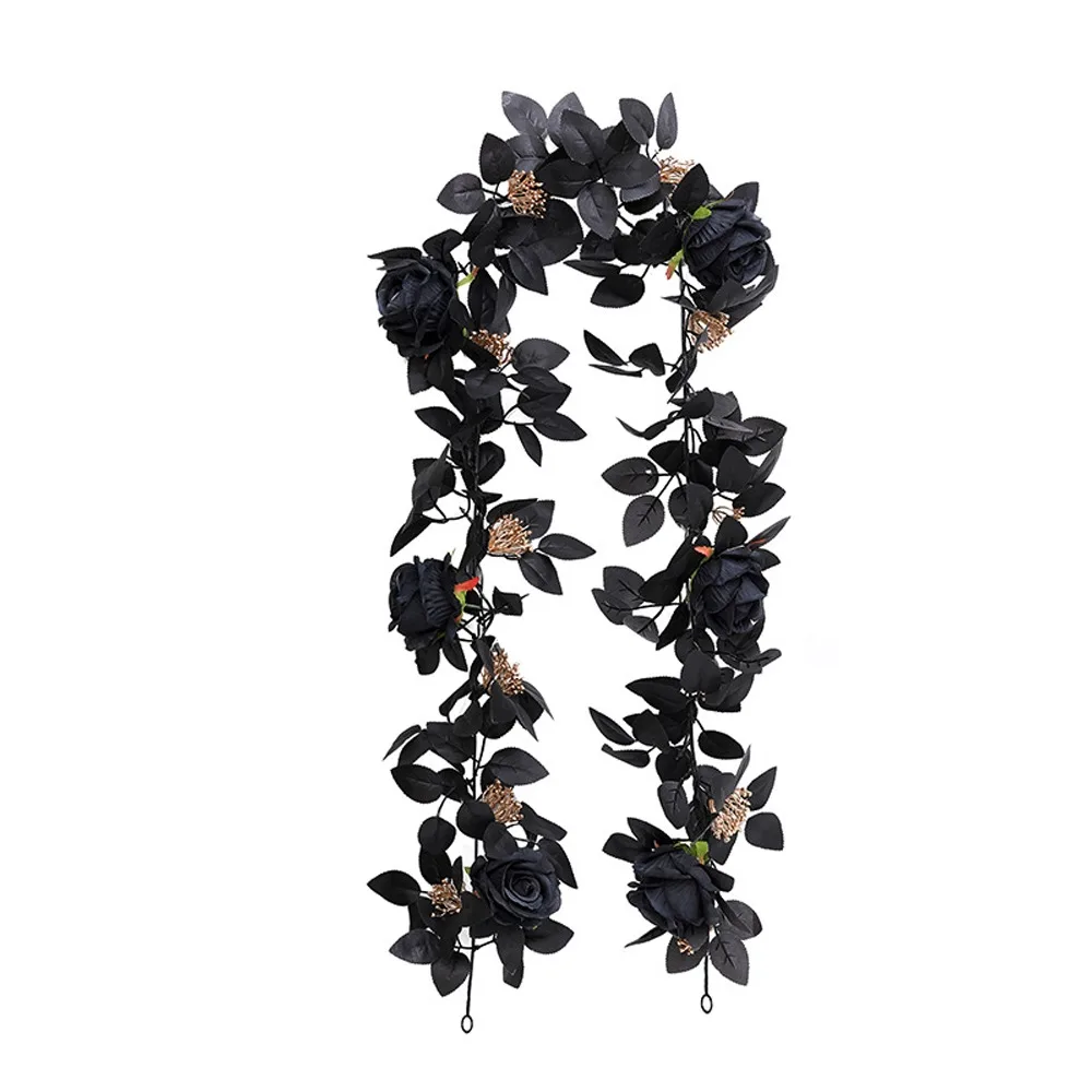 Black Halloween Rose Leaf Vines Simulated Flowers 175cm Artificial Rose Vines Handmade Realistic Halloween Garland