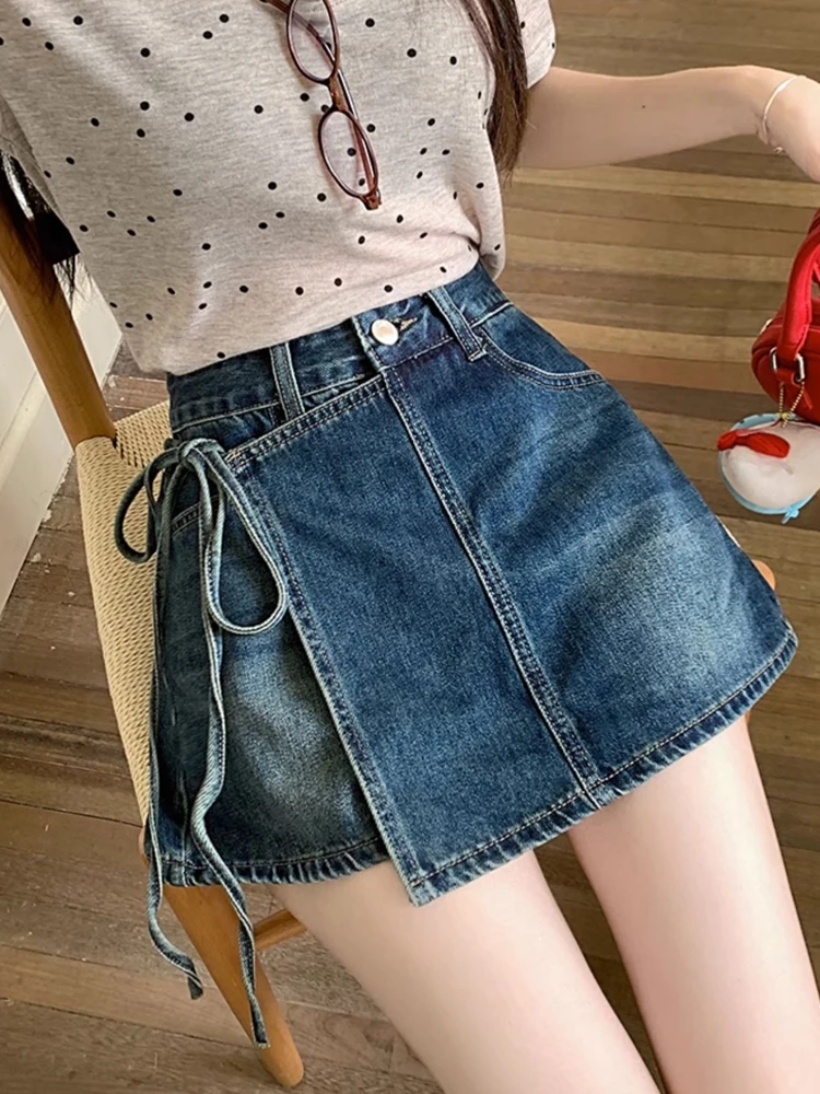 2024New Solid Color Strap Denim Short Skirt Women\'s Clothing Casual Versatile Summer Hip Skirts A-line Lining Asymmetric Fashion