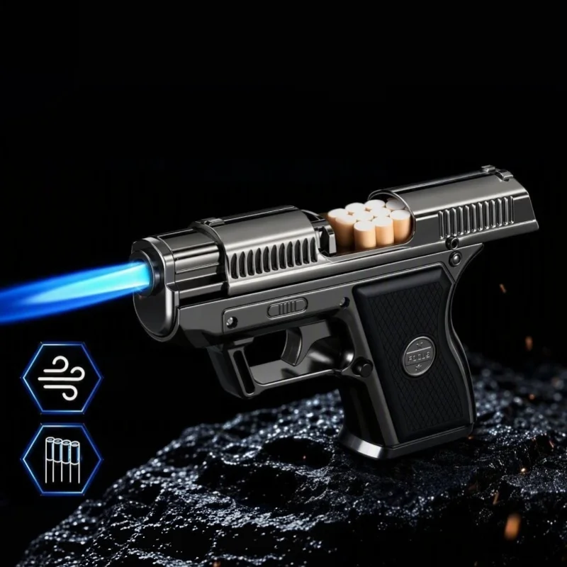 New Metal Inflatable Cigarette Box Pistol Shaped Lighter Windproof Blue Personalized Straight Flame Cigarette Box Lighter