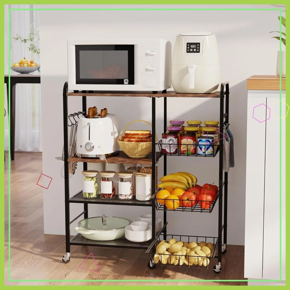 

4-Tier Rolling Kitchen Cart with Pull-Out Baskets & Wheels - Microwave Stand Storage Organizer for Home Office