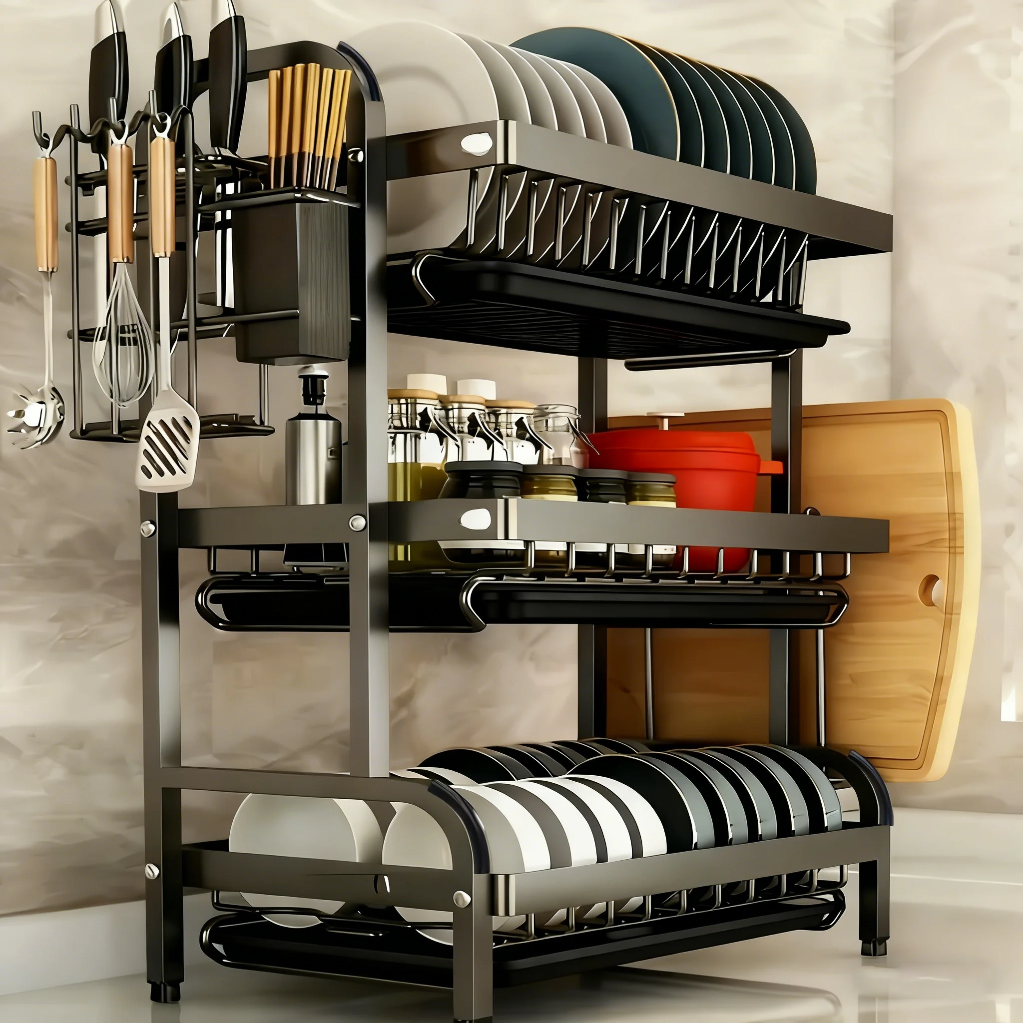 Large 2-3 Tier Vertical Dish Rack/Utensil Holder, Kitchen Storage Rack with Quick Drainage System, Knife and Fork Holder,