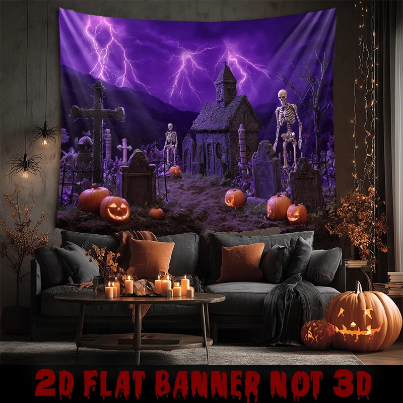 Spooky Skeleton, Pumpkin Monster, Graveyard Scene Tapestry, Perfect for Haunted House, Halloween Party, or Home Decor