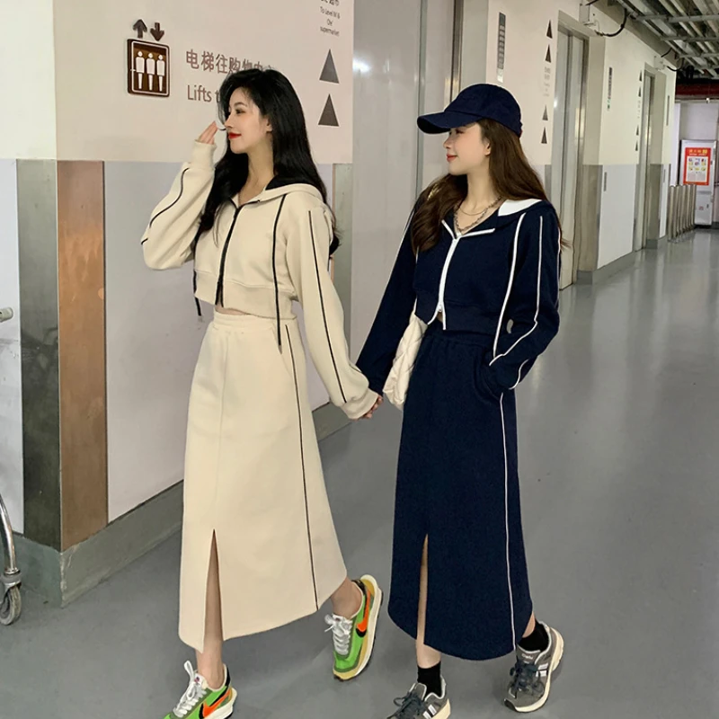 

Women Clothing 203 New Fashionable Vintage Suit Spring Autumn Hoodie Coat Mid Length Skirt Casual Simple Two Piece Set Women