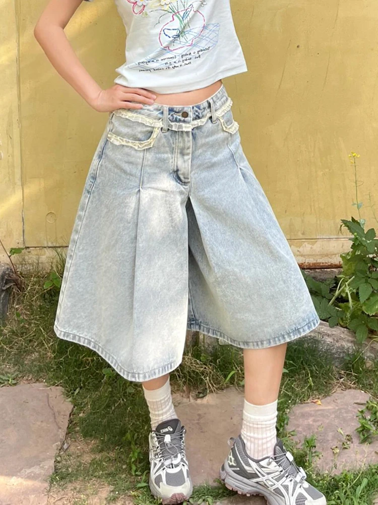 Retro American Washed Denim Skirt for Women High Waist A-Line Loose Fit Daily Wear Girls Style Half Body Lace Trim Splicing