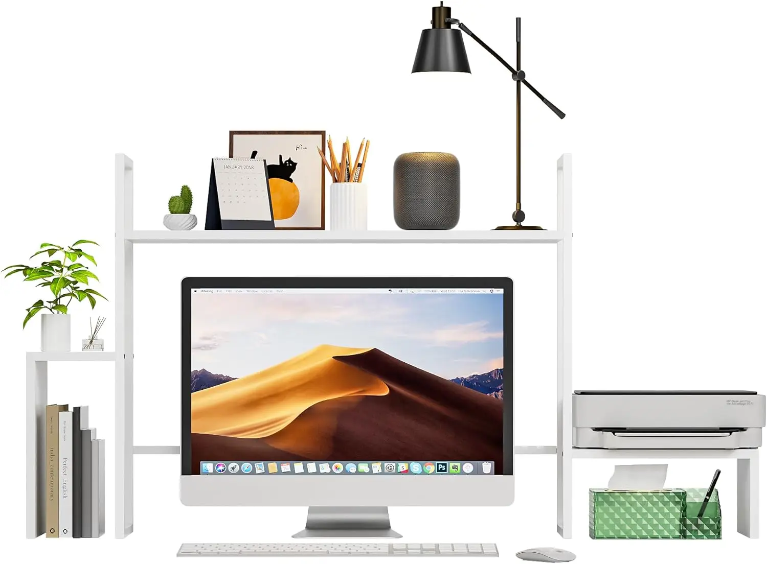 LED Desk Shelf Organizer with RGB Lights, 2-Tier Monitor Stand for Home Office, Dorm, Gaming - White