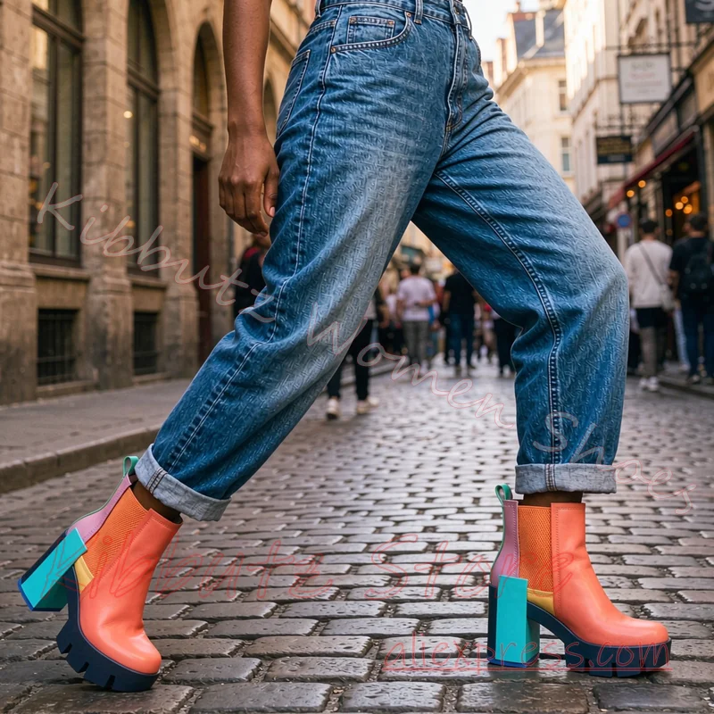 Chelsea Ankle Boots Platform Chunky Block Heel Stretch Round Toe Streetwear Punk Fashion Footwear Party Show Leather Mixed Color