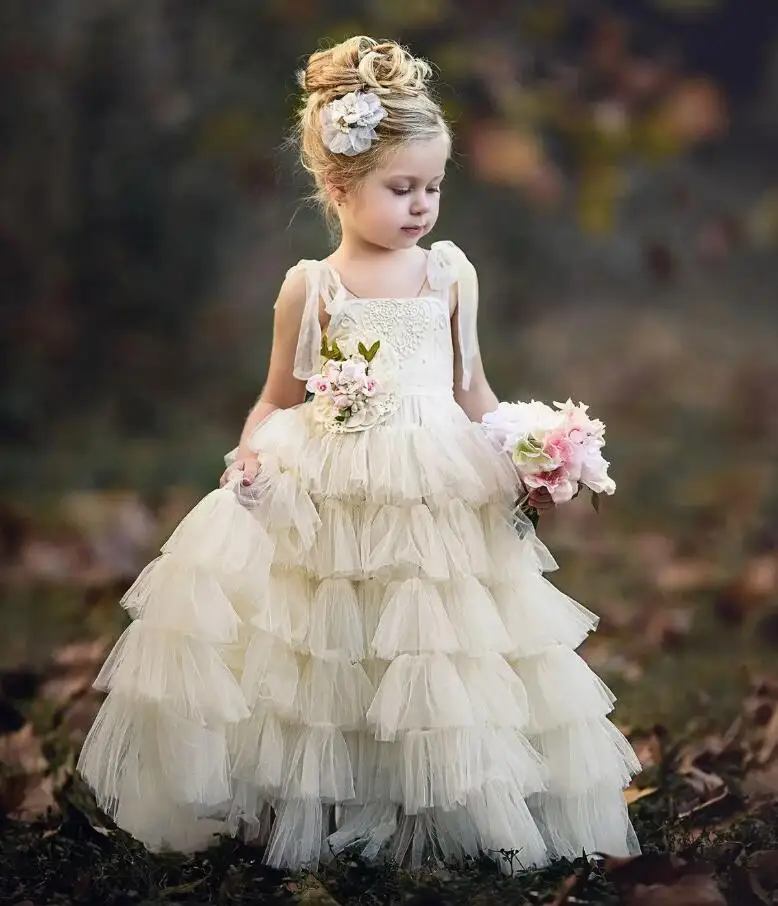 

Ivory White Flower Girl Dresses Tiered Backless Kids Dress Holy First Communion Dresses Formal Party Gowns for Girls