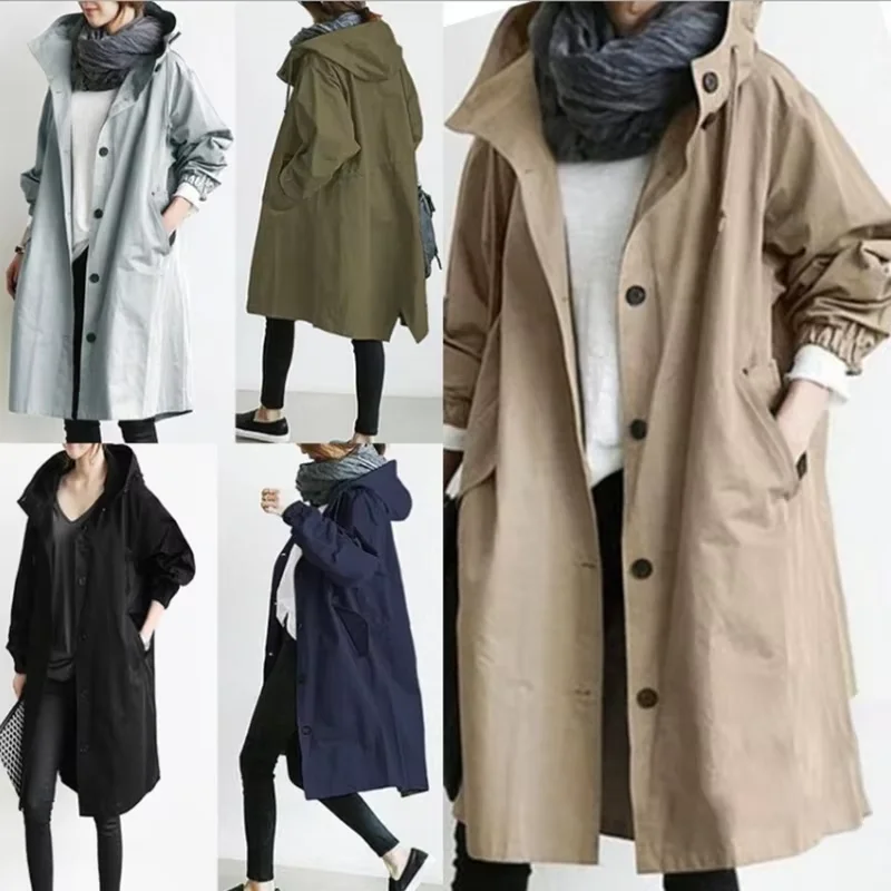 Plus Size British Style Vintage Pocket Hooded Long Sleeved Windbreaker Loose Coat Mid Length Jacket Casual Women Autumn Thin New