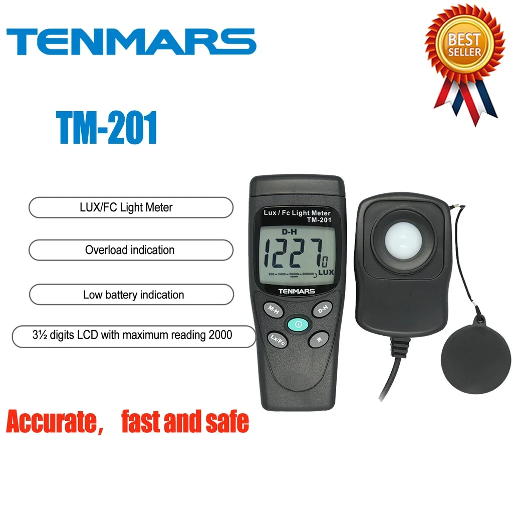 

TENMARS TM-201 LUX/FC Light Meter According to JISC1609:1993 and CNS 5119 general A class specifications.Overload Indication.