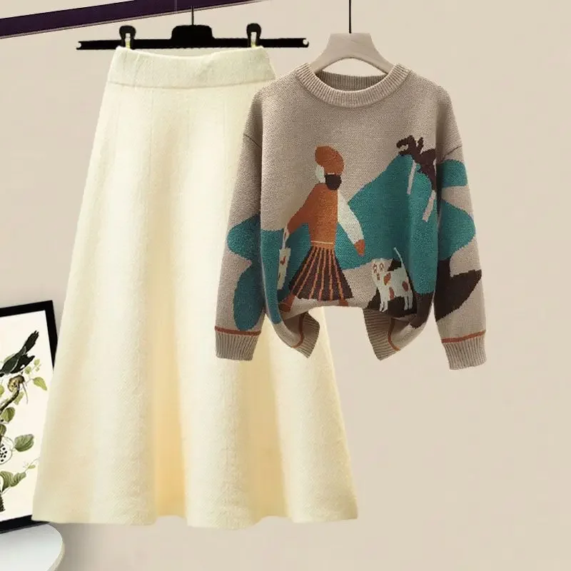 DAYIFUN Autumn Winter Sets Women's 2023 New Round Neck Sweater and Knitted Half Skirt Two Piece Sets Lady Lazy Style Dress Sets