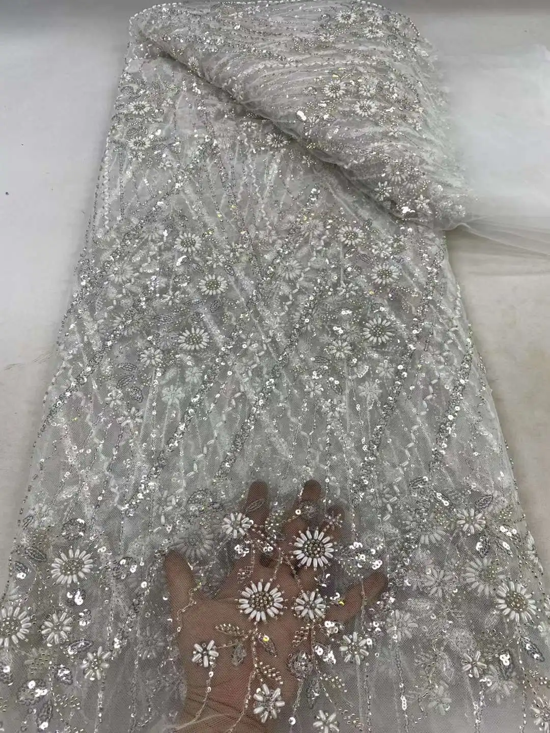 

White African Nigerian Sequins Lace Mesh Beaded Fabric Embroidery For Women Wedding Dresses 5 Yards Fabrics Tulle By The Meters