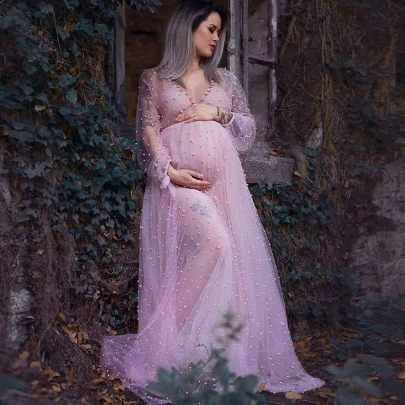 Pearl Tulle Maternity Photo Shoot Long Dresses V-neck See Through Pregnancy Photography Maxi Dresses