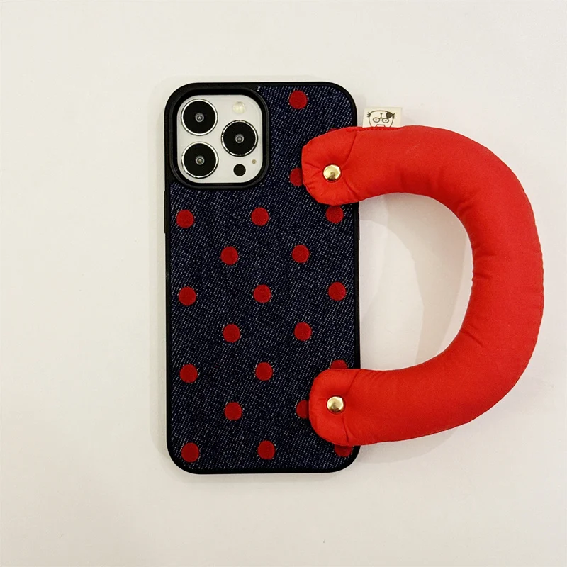 Handheld red wristband with personalized embroidery polka dot cowboy iPhone case for iPhone 13 14 15 16 pro max