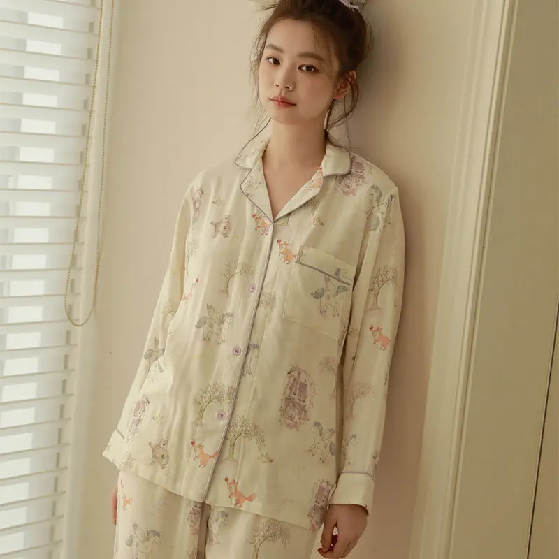 Whimsical Women Bamboo Cotton Sleepwear Wash Softer Baby Soft Fairytale Castle Print PJs Set Classic Lapel Contrast Piping Home