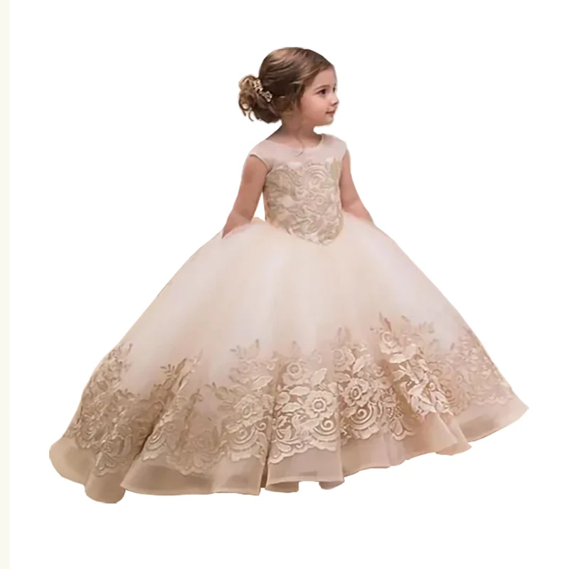 

Champagne color Flower Girl dress elegant tulle appliques backless bow wedding princess birthday ball kids pageant evening gown