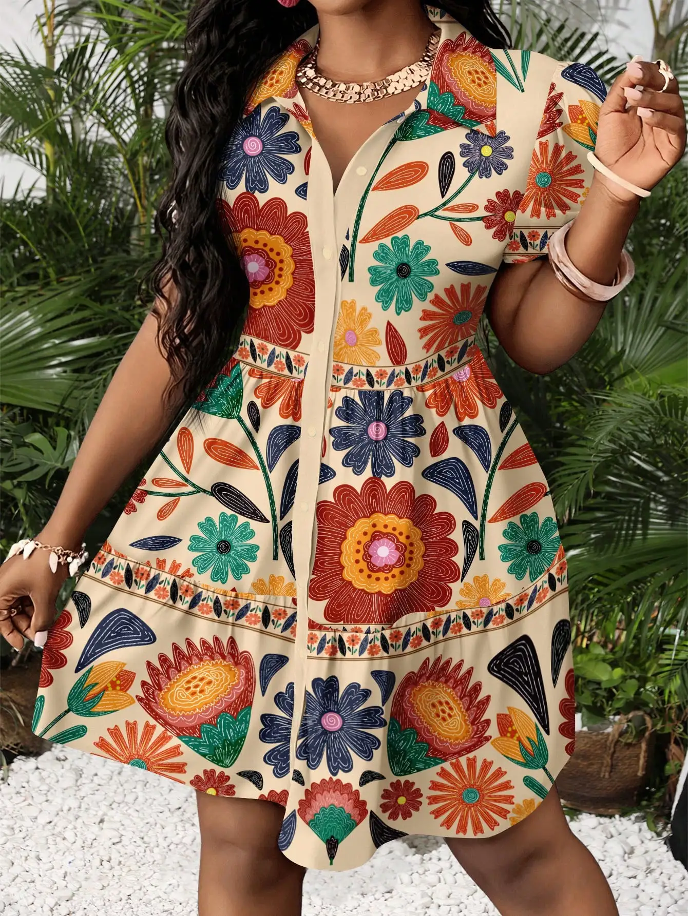 

Women's Floral Print A-Line Mini Dress with Puff Sleeves and Button Front