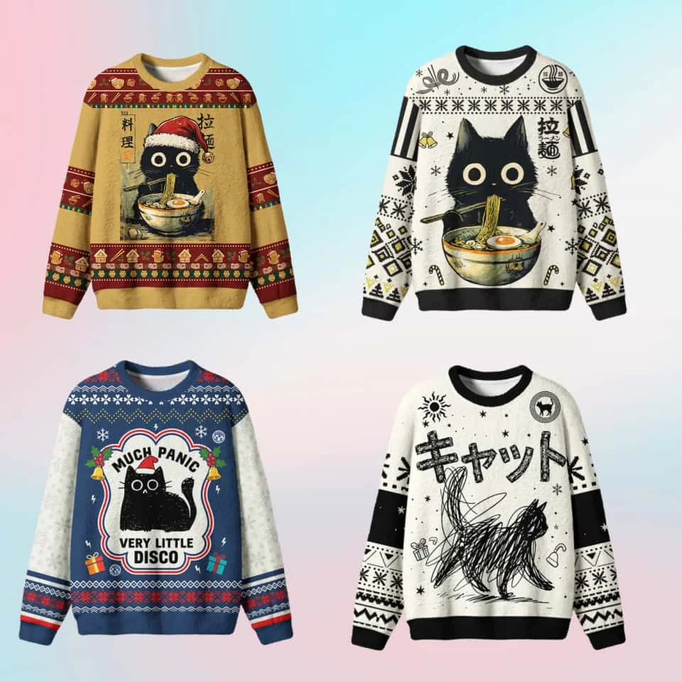 Japanese Lamian Noodles Black Cat Christmas Ugly Sweater Collection, Thin Velvet Adult Boys and Girls Lovers Holiday 3D Sweater