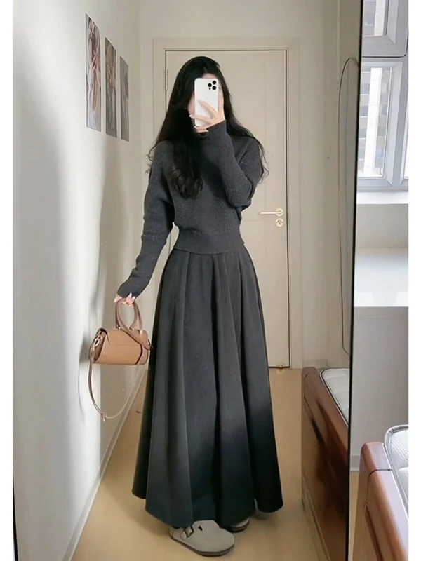 

Вязаный свитер и юбка с высокой талией, комплект из двух предметов для женщин, удобный, с длинными рукавами, осенне-зимний, модный, в корейском стиле.