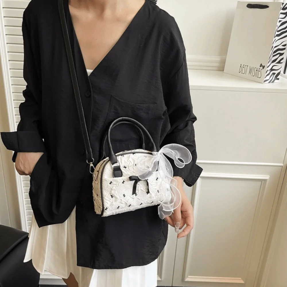 

Trendy Stylish Bow Bowling Bag Small Versatile Ribbons Shoulder Bag Leisure Sweet Women's Handbags Girls