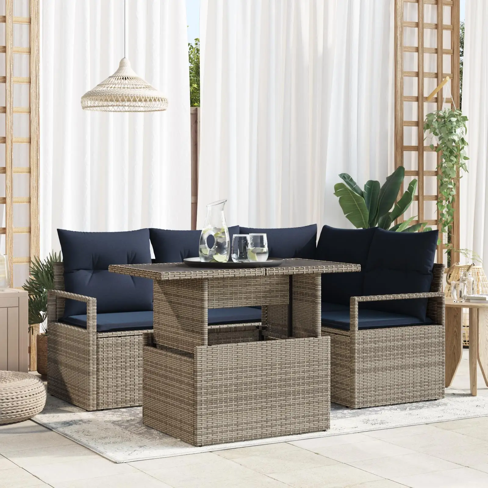 

5 Piece Outdoor Garden Sofa Set with Cushions Grey Poly Rattan Furniture