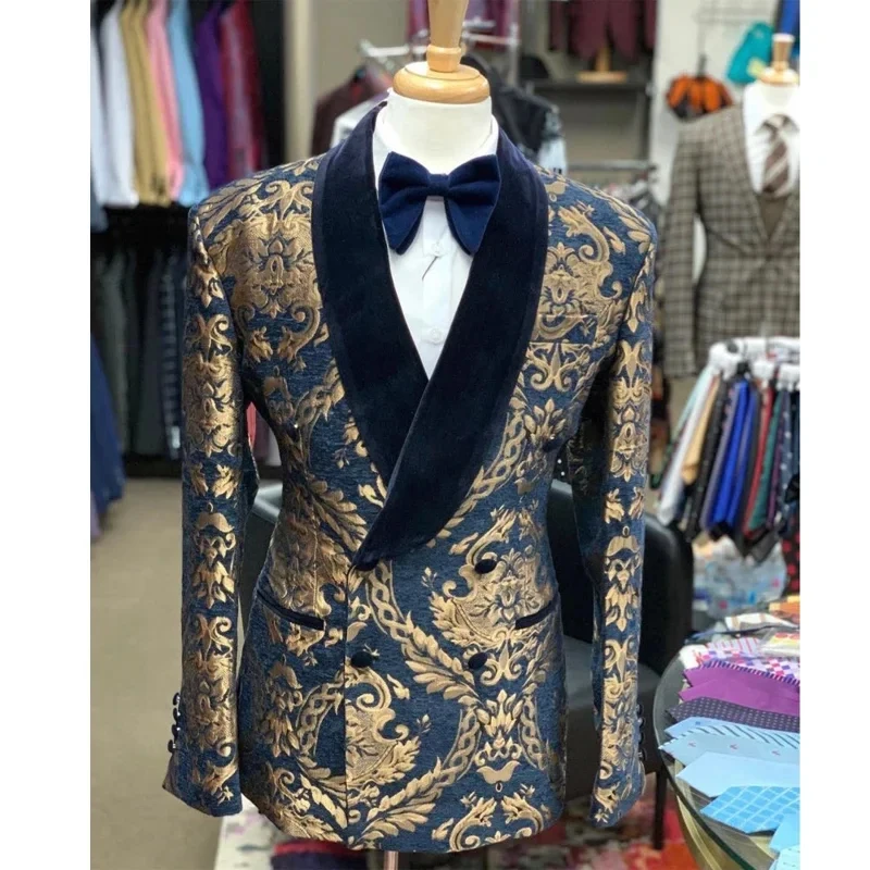 Floral Slim Fit Blazer for Men Suit 1 Piece Smoking Wedding Jacket with Velvet Shawl Lapel Double Breasted Male Fashion Coat