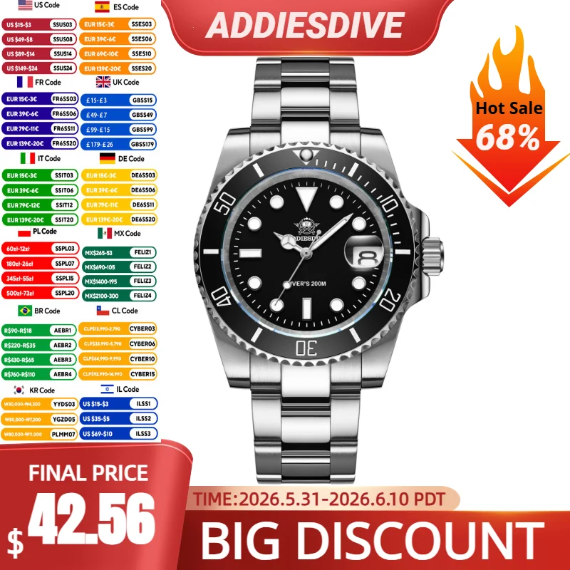 ADDIESDIVE Luxus-Herrenuhren, klassische Edelstahl-Keramiklünette, BGW9, superleuchtende 20 Bar Taucheruhr, Datumsanzeige, reloj