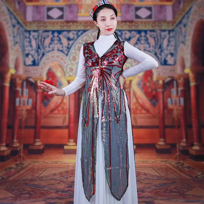 Roupa de dança uigur feminina, colete longo de lantejoulas, estilo étnico, performance xinjiang, novo verão