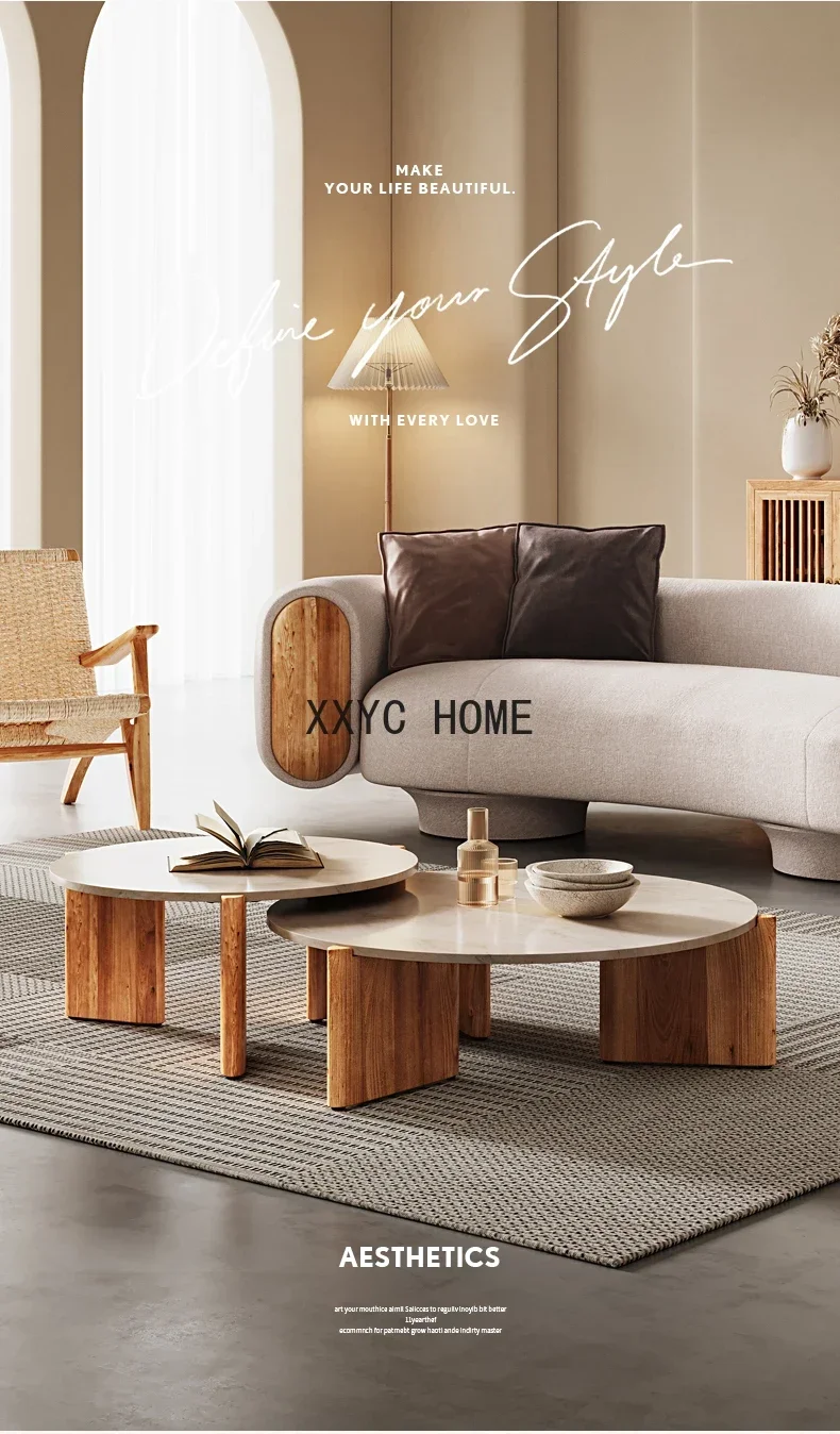 XL غرفة المعيشة الخشبية الصلبة طاولة الشاي المستديرة مزيج شقة صغيرة طاولة الشاي الحجر الطبيعي