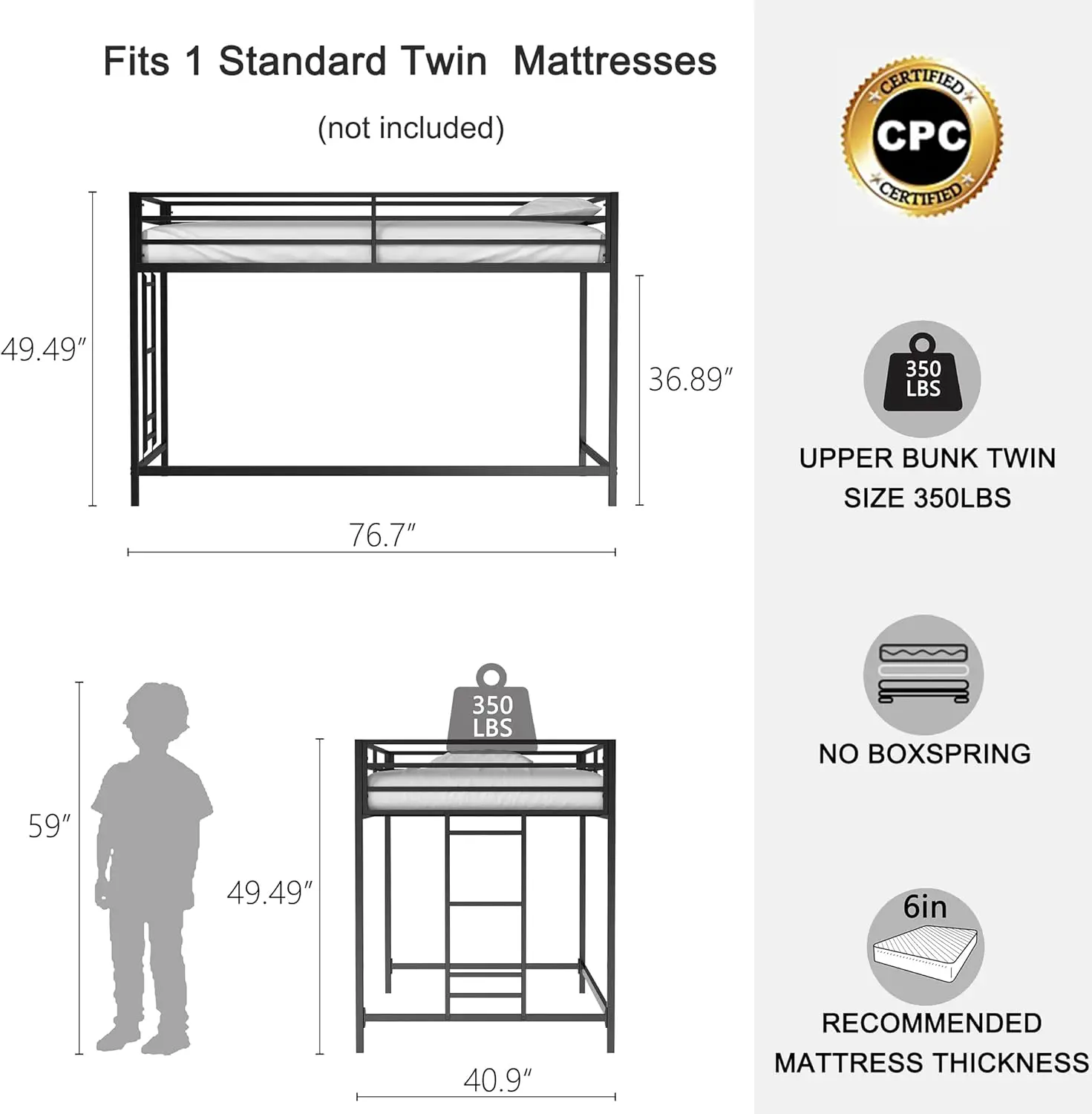 Twin Size Low Loft Bed For Kids,Metal Loft Bed Frame For Boys Girls,Kids Loft Bed Twin Size,Junior Low Loft Bed, Black