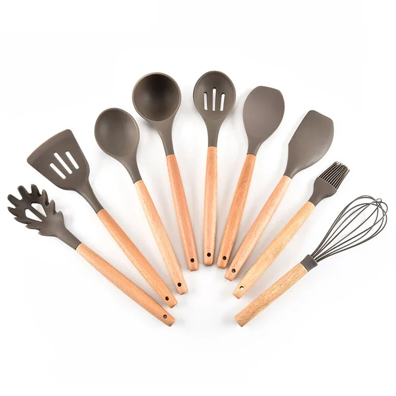 

Набор силиконовых кухонных принадлежностей премиум-класса, 9-компонентные аксессуары для домашней кухни, деревянная кухонная утварь, набор инструментов для посуды с антипригарным покрытием