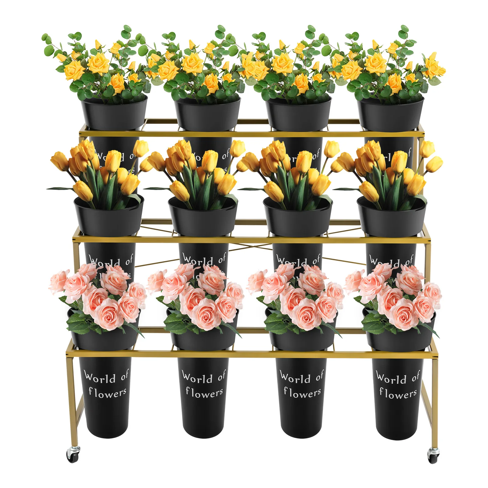 Flower Display Stand - 3 Layers Metal Plant Stand with 12Pcs Buckets, Moving Plant Cart Shelf, for Indoor Florist