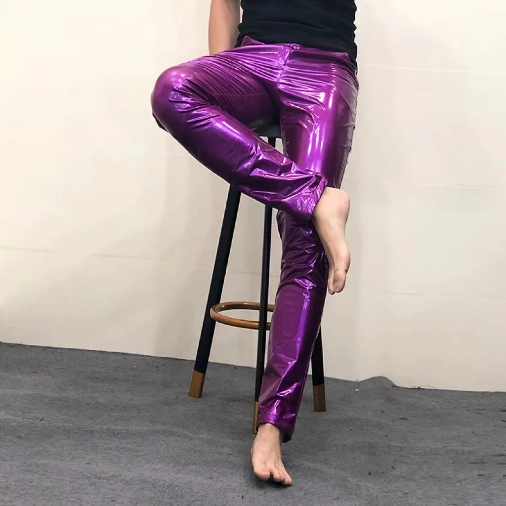 

New Mirror Leather Pants Elastic Tight Sexy Pants Soft Lacquer Leather Nightclub Bar Men's DJ Performance Bright PU Clothing