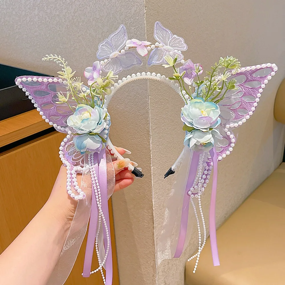

Fashion Sweet Butterfly Fairy Hair Hoop Mesh Kawaii Big Butterfly Wing Hairpins Headwear Embroidery Flower Headband Party
