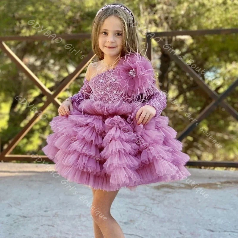 

Pink Flower Girl Dress for Wedding One Shoulder Tiered Tulle Princess Pageant Dress With Detachable Train Customized Party Gown