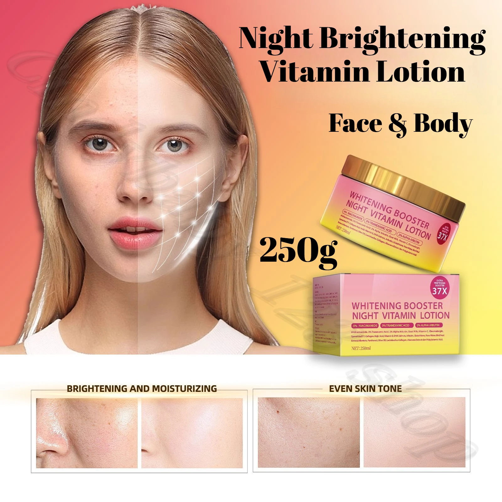 

Night Brightening Vitamin Lotion Moisturizing Deep Hydrating Nourishing Gentle Face Cream and Body Cream 250ml