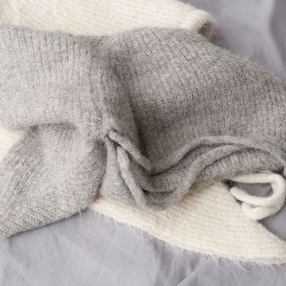 Trendige Winter-Balaclava-Mütze aus dickem Garn mit Ohrenschutz, einfarbige, gemütliche Fleece-Beanie-Mütze mit integriertem Schal – Detail 3
