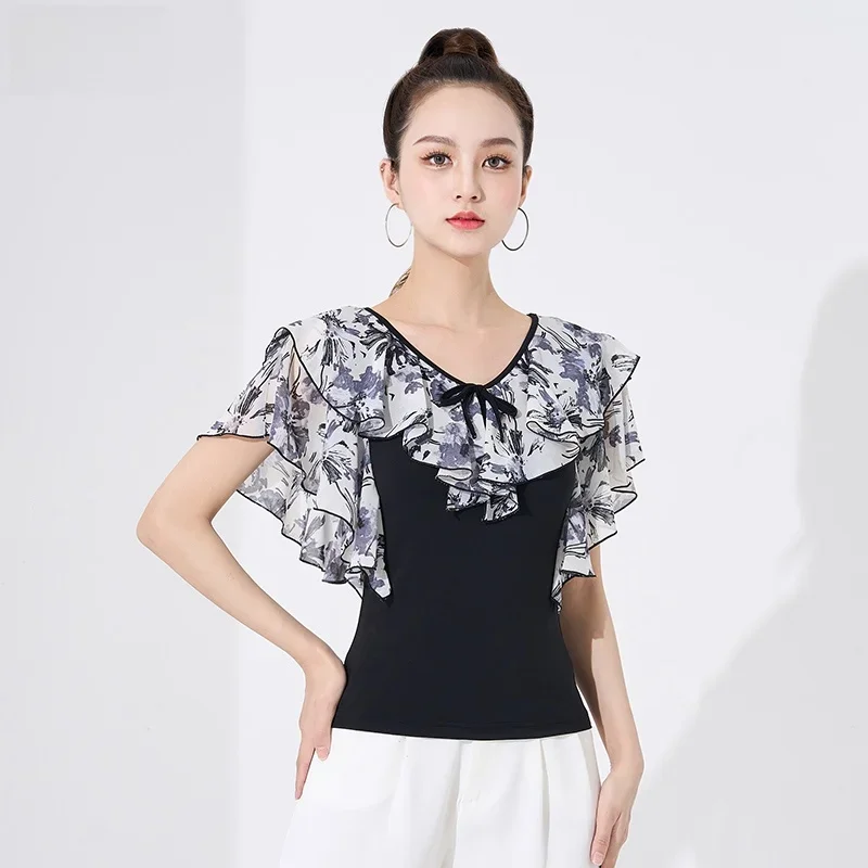

Line dance clothing women Latin Dance Top party dresses Practice Ballroom Training Clothes printing shirt Modern samba Dancewear